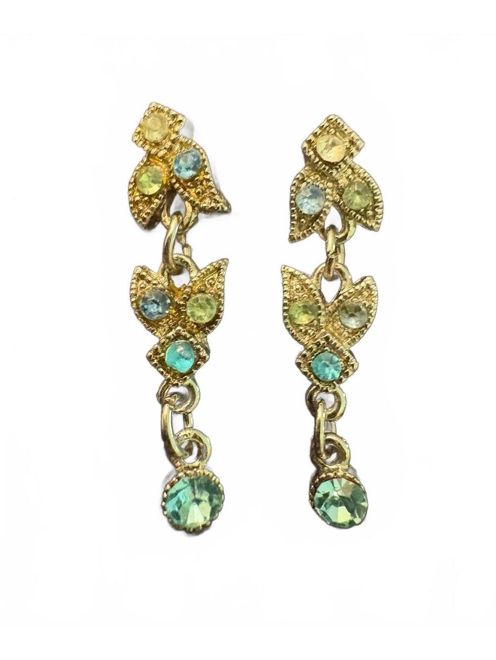 gold-tone drop earrings accented with multicolored blue and green rhinestones